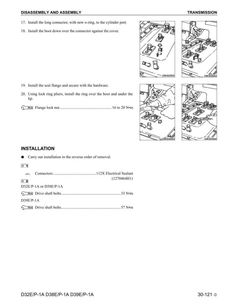 May include: A technical diagram with instructions for disassembly, assembly, and installation of mechanical components. The diagram includes illustrations, torque specifications, and part numbers for various connectors and bolts.