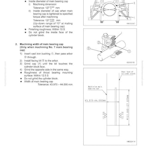 May include: Technical diagram from a repair manual showing the replacement of a main bearing cap. The diagram includes detailed illustrations of the process, along with measurements in millimeters and tolerances for machining the cap.
