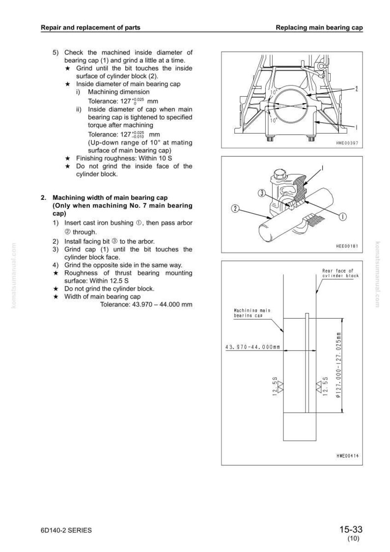 May include: Technical diagram from a repair manual showing the replacement of a main bearing cap. The diagram includes detailed illustrations of the process, along with measurements in millimeters and tolerances for machining the cap.