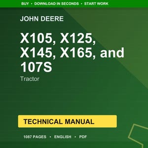 Pu&ograve; includere: Un manuale tecnico digitale per trattori John Deere, inclusi i modelli X105, X125, X145, X165 e 107S. La copertina &egrave; verde con testo bianco e uno striscione giallo con la scritta "MANUALE TECNICO". Il manuale &egrave; di 1087 pagine ed &egrave; in inglese.