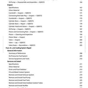 May include: A white page with a detailed table of contents for engine repair, including sections on disassembly, inspection, and fuel system repair. The text is in black, with page numbers on the right.