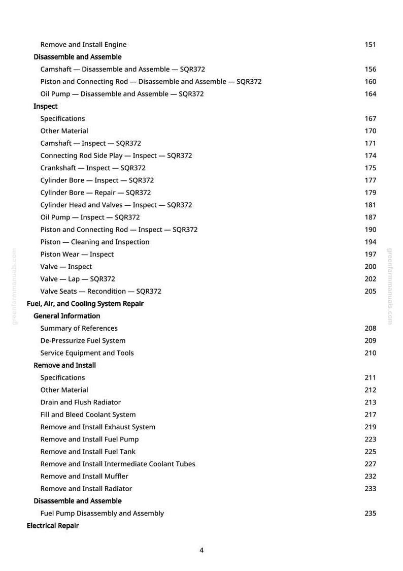 May include: A white page with a detailed table of contents for engine repair, including sections on disassembly, inspection, and fuel system repair. The text is in black, with page numbers on the right.