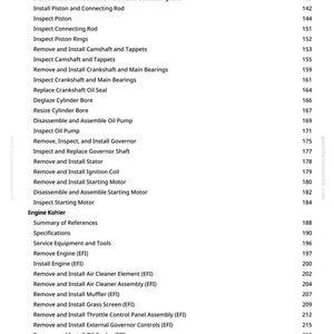May include: A white page with a detailed table of contents for engine repair, including topics like "Remove Crankcase Cover" and "Install Engine (EFI)". The page numbers are listed on the right.