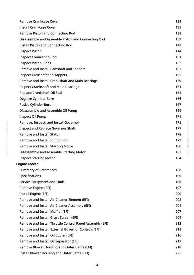 May include: A white page with a detailed table of contents for engine repair, including topics like "Remove Crankcase Cover" and "Install Engine (EFI)". The page numbers are listed on the right.