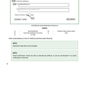 May include: A screenshot of a Recording Wizard interface with fields for email notification preferences. Includes fields for 'To' and 'Cc' email addresses, and a setting for the request expiration period. The interface has 'Previous', 'Cancel', and 'Next' buttons.