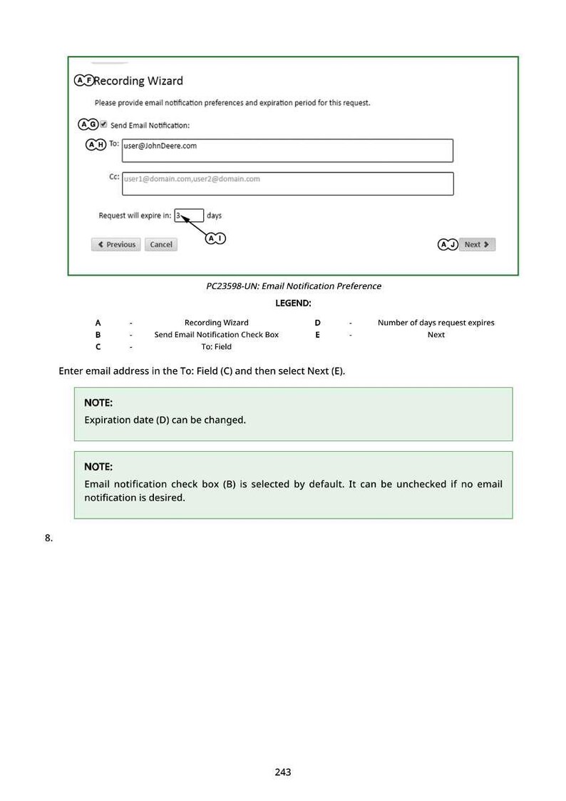 May include: A screenshot of a Recording Wizard interface with fields for email notification preferences. Includes fields for 'To' and 'Cc' email addresses, and a setting for the request expiration period. The interface has 'Previous', 'Cancel', and 'Next' buttons.