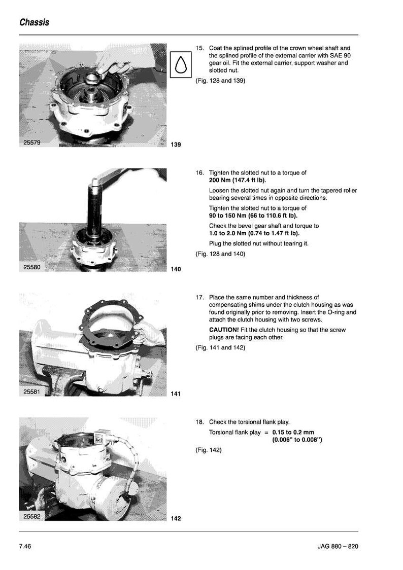 May include: An exploded view of a car chassis with various components, including a crown wheel shaft, external carrier, and slotted nut. The image includes text with instructions for assembly and torque specifications in ft lb.