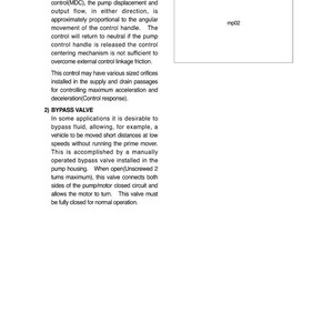 May include: A technical diagram with text detailing manual displacement control and bypass valve functions. The text describes the operation of these controls in a mechanical system. The diagram includes the label "mp02".