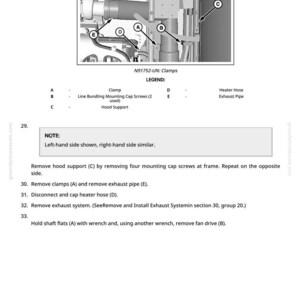 May include: Technical diagram showing automotive parts like clamps, hood support, and exhaust pipe, labelled A to E. Text reads "N91752-UN: Clamps" and includes instructions for maintenance and removal.