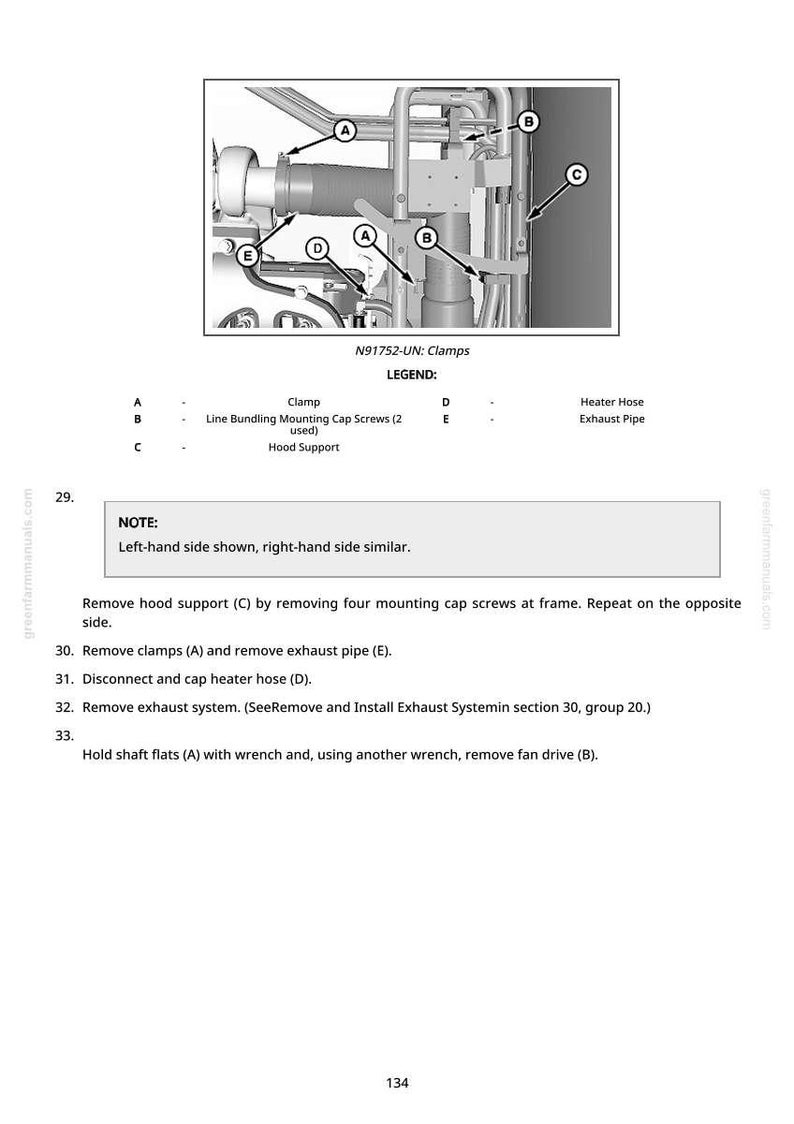 May include: Technical diagram showing automotive parts like clamps, hood support, and exhaust pipe, labelled A to E. Text reads "N91752-UN: Clamps" and includes instructions for maintenance and removal.