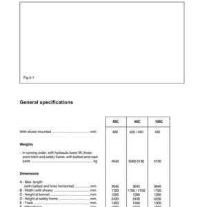 Op de afbeelding: Een technisch document met de titel "Tractor identificatie en technische gegevens". Het bevat specificaties voor tractormodellen 85C, 95C en 105C, met afmetingen en gewichten in millimeters en kilogram.