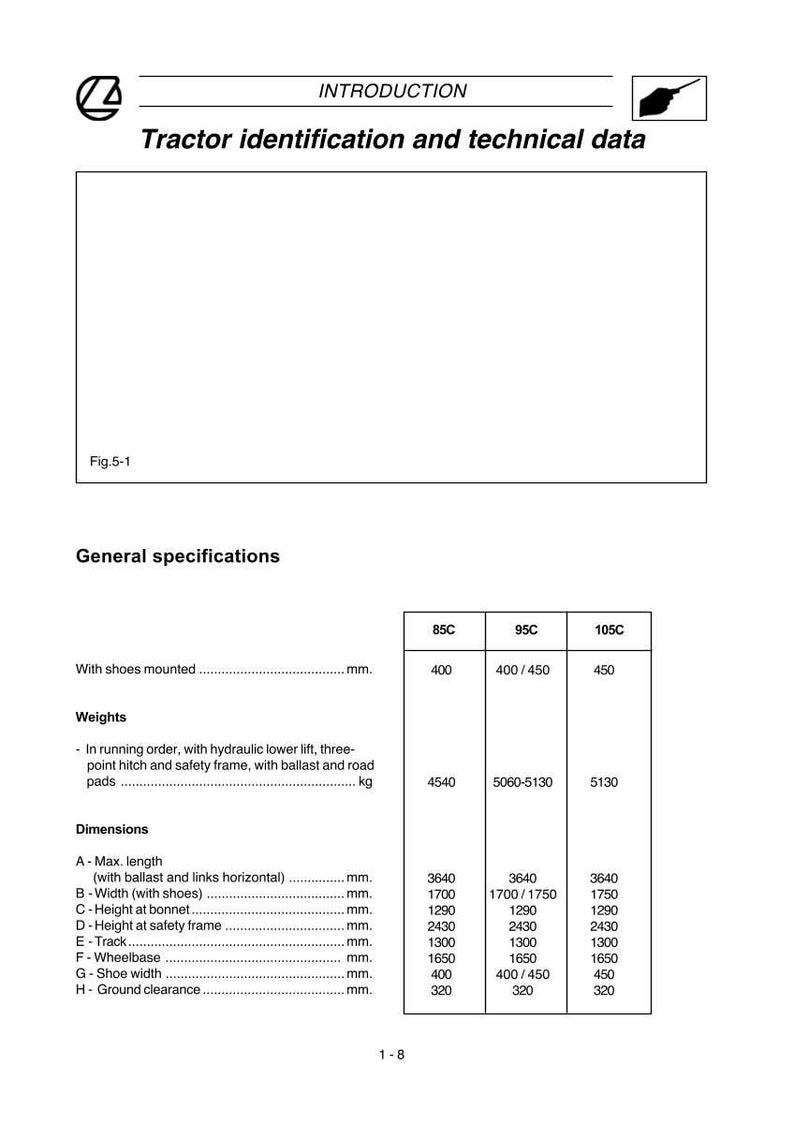 Op de afbeelding: Een technisch document met de titel "Tractor identificatie en technische gegevens". Het bevat specificaties voor tractormodellen 85C, 95C en 105C, met afmetingen en gewichten in millimeters en kilogram.