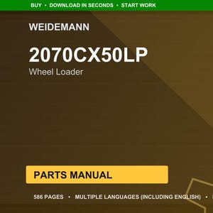 May include: A digital document cover with the Weidemann logo and the text "2070CX50LP Wheel Loader." The cover is dark brown with a yellow rectangle that says "PARTS MANUAL." The document has 586 pages and is available in multiple languages.