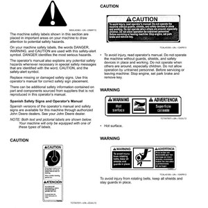 Puede incluir: Una p&aacute;gina de manual con etiquetas de seguridad y texto. Las etiquetas incluyen los s&iacute;mbolos "CAUTION" y "WARNING", junto con instrucciones. El texto explica los procedimientos de seguridad y los peligros potenciales, con traducciones al espa&ntilde;ol.