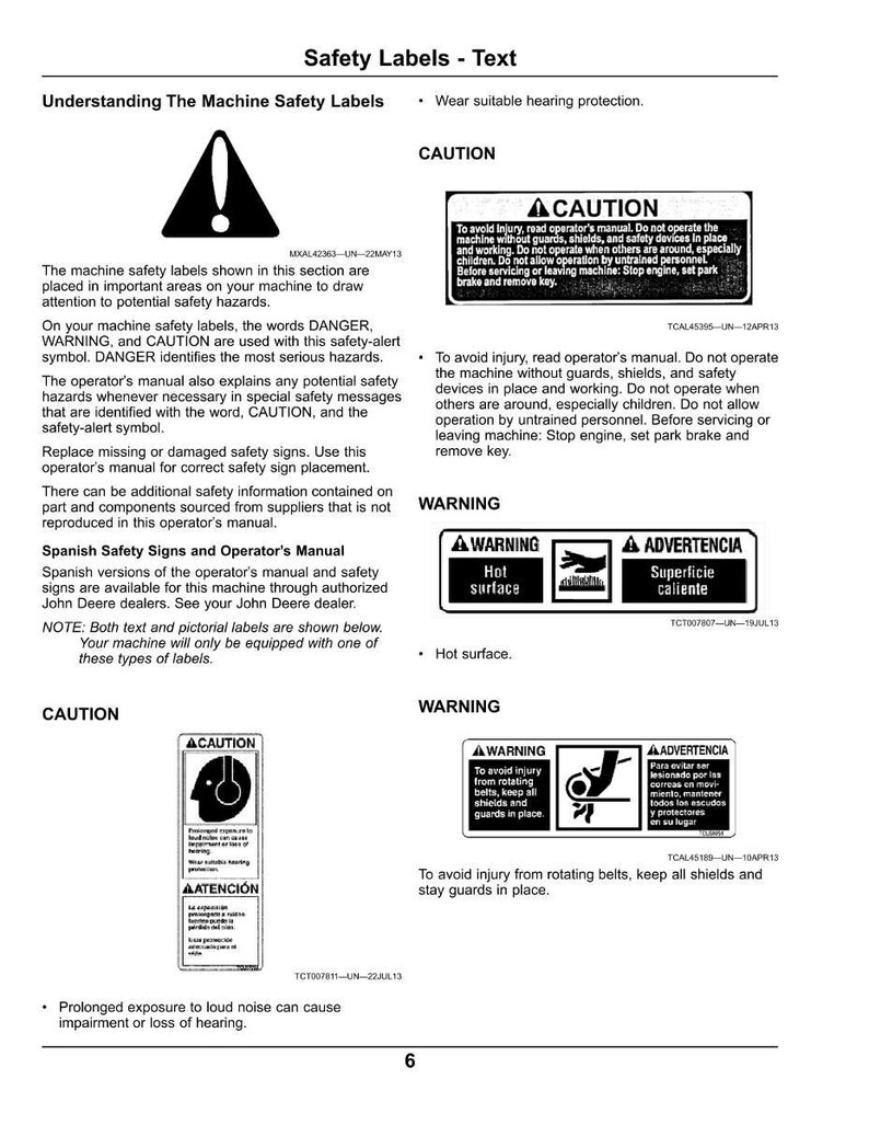 Puede incluir: Una p&aacute;gina de manual con etiquetas de seguridad y texto. Las etiquetas incluyen los s&iacute;mbolos "CAUTION" y "WARNING", junto con instrucciones. El texto explica los procedimientos de seguridad y los peligros potenciales, con traducciones al espa&ntilde;ol.