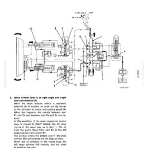 May include: Detailed technical diagram of a hydraulic system, featuring labeled components, arrows, and text. The diagram includes elements like cylinders, valves, and a control lever, with the text "RIGHT ANGLE HOLD SWITCH ON".