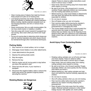 May include: A safety manual page with the title "Safety" and subheadings like "Checking Mowing Area" and "Parking Safely." The page includes safety instructions and warnings about rotating blades and potential hazards.