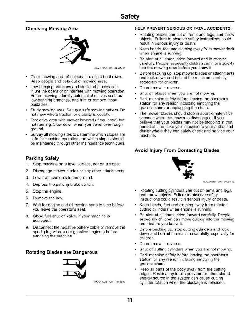 May include: A safety manual page with the title "Safety" and subheadings like "Checking Mowing Area" and "Parking Safely." The page includes safety instructions and warnings about rotating blades and potential hazards.