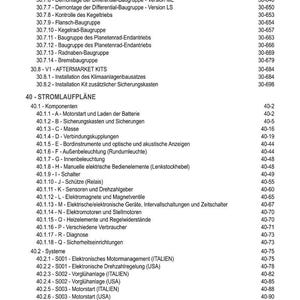May include: A detailed table of contents in German, listing various automotive components and systems. Includes sections on cylinder assembly, differential components, and electrical systems, with corresponding page numbers.