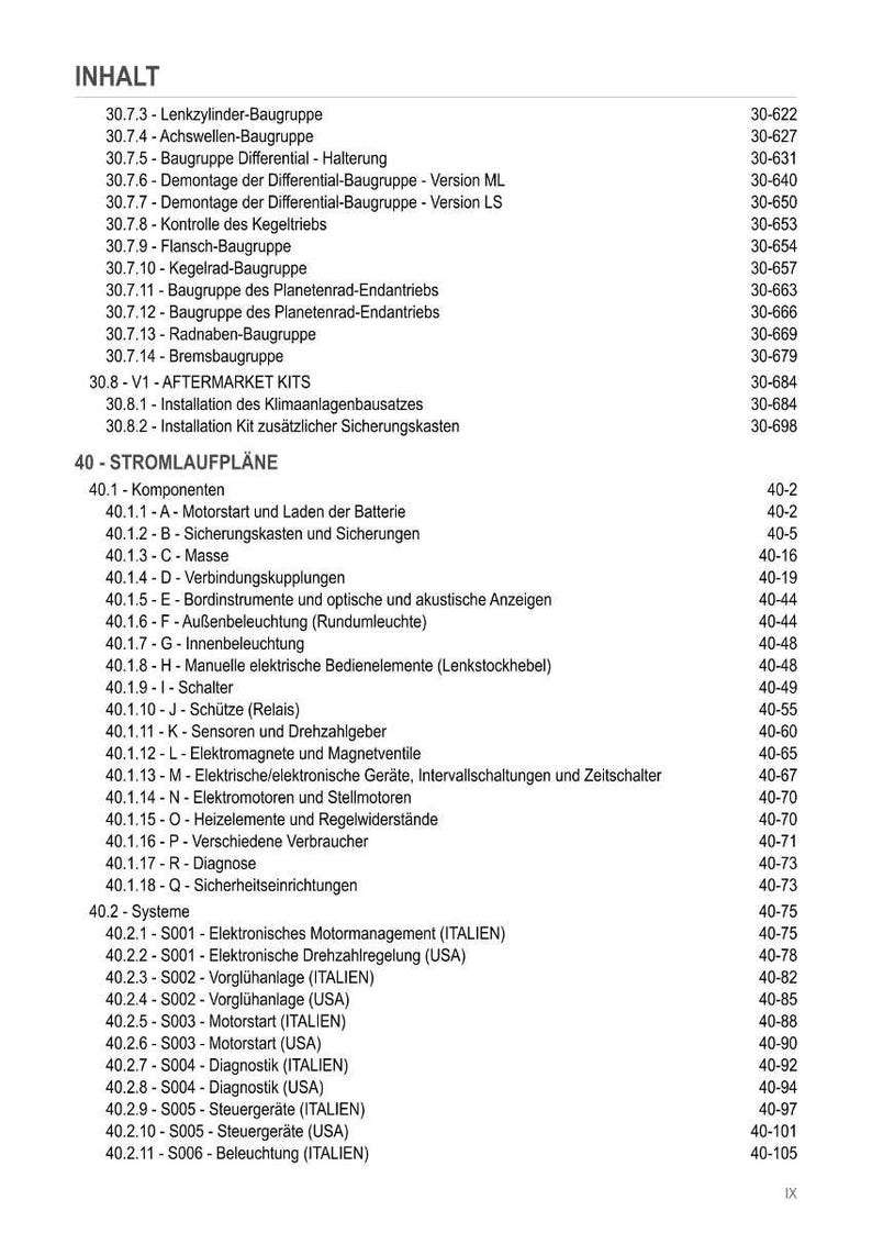 May include: A detailed table of contents in German, listing various automotive components and systems. Includes sections on cylinder assembly, differential components, and electrical systems, with corresponding page numbers.