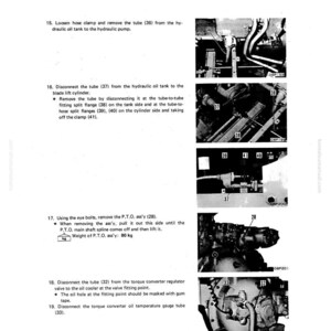 May include: A manual page detailing torque converter disassembly and assembly. Instructions include removing tubes and disconnecting parts, with accompanying diagrams and photos. The text mentions a P.T.O. ass'y weighing 80 kg. The page is titled 'Disassembly and Assembly'.