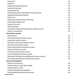 May include: A manual page detailing diesel engine service intervals and related topics. The list includes fuel filters, fuel storage, and serial number locations. Text is black on a white background.