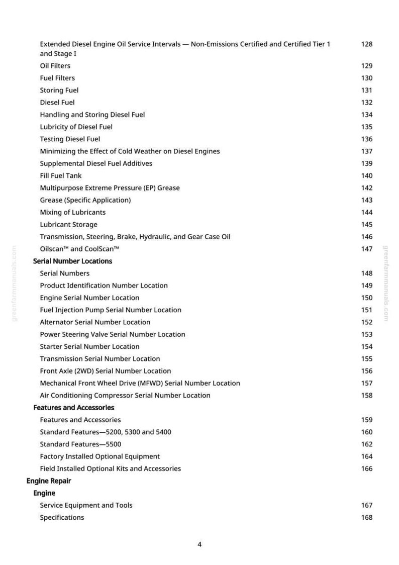 May include: A manual page detailing diesel engine service intervals and related topics. The list includes fuel filters, fuel storage, and serial number locations. Text is black on a white background.