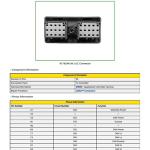 K&ouml;nnte beinhalten: Ein schwarzer UCC-Stecker, Modell X8001, mit zwei rechteckigen Anschl&uuml;ssen. Das Bild enth&auml;lt eine Tabelle mit Komponenten- und Pinbelegungsinformationen, einschlie&szlig;lich der Anzahl der Pins und der Schaltkreisnummern.