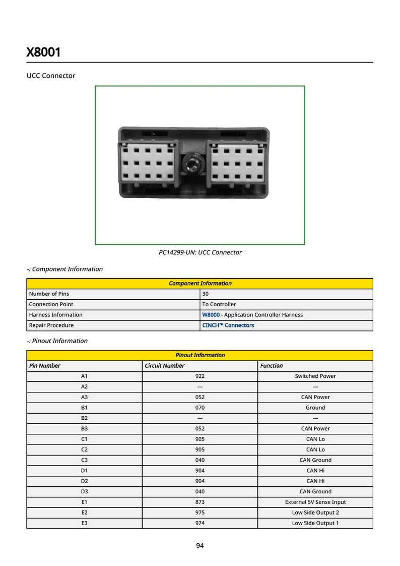 K&ouml;nnte beinhalten: Ein schwarzer UCC-Stecker, Modell X8001, mit zwei rechteckigen Anschl&uuml;ssen. Das Bild enth&auml;lt eine Tabelle mit Komponenten- und Pinbelegungsinformationen, einschlie&szlig;lich der Anzahl der Pins und der Schaltkreisnummern.