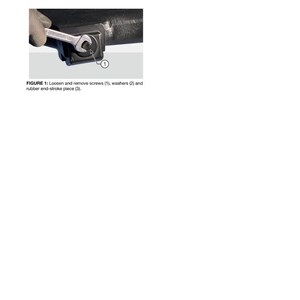 Puede incluir: Imagen de un manual de servicio de ejes que muestra el proceso de desmontaje. Se utiliza una llave para aflojar un tornillo en un componente negro. El texto dice "DESMONTAJE" y "FIGURA 1: Aflojar y quitar los tornillos (1), las arandelas (2) y la pieza de tope de goma (3)."