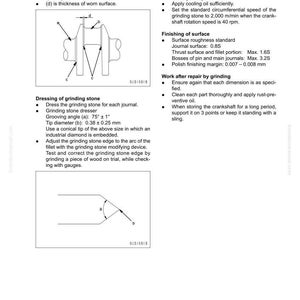 Puede incluir: Diagrama t&eacute;cnico de la serie 95E-5, que detalla los procedimientos de reparaci&oacute;n y reemplazo de piezas del motor. Incluye ilustraciones de procesos de rectificado, mediciones en mil&iacute;metros e instrucciones para el acabado de superficies.