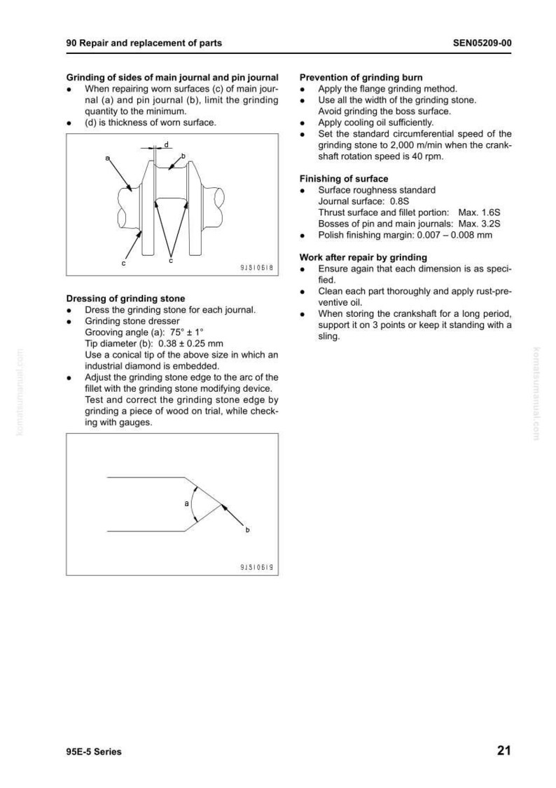 Puede incluir: Diagrama t&eacute;cnico de la serie 95E-5, que detalla los procedimientos de reparaci&oacute;n y reemplazo de piezas del motor. Incluye ilustraciones de procesos de rectificado, mediciones en mil&iacute;metros e instrucciones para el acabado de superficies.