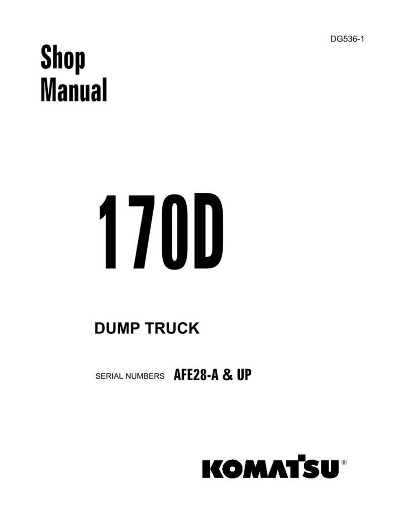 May include: A white shop manual cover with black text. The title "Shop Manual" is at the top, followed by "170D" in large bold font. Below, it reads "DUMP TRUCK" and "SERIAL NUMBERS AFE28-A & UP". The Komatsu logo is at the bottom.
