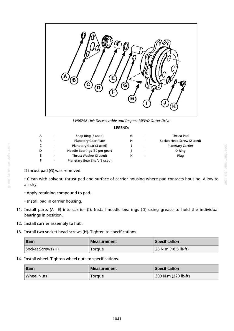 May include: Technical diagram showing disassembled MFWD outer drive parts, such as snap rings, planetary gears, and thrust washers. The image includes a legend with part names and quantities, plus assembly instructions and torque specifications for socket screws and wheel nuts.
