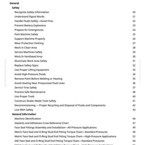 May include: A detailed table of contents from a manual, with a white background and black text. The headings include "Foreword", "General", "Safety", and "General Information", with subtopics listed below each. Page numbers are visible on the right.