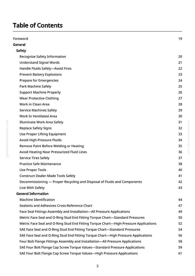 May include: A detailed table of contents from a manual, with a white background and black text. The headings include "Foreword", "General", "Safety", and "General Information", with subtopics listed below each. Page numbers are visible on the right.