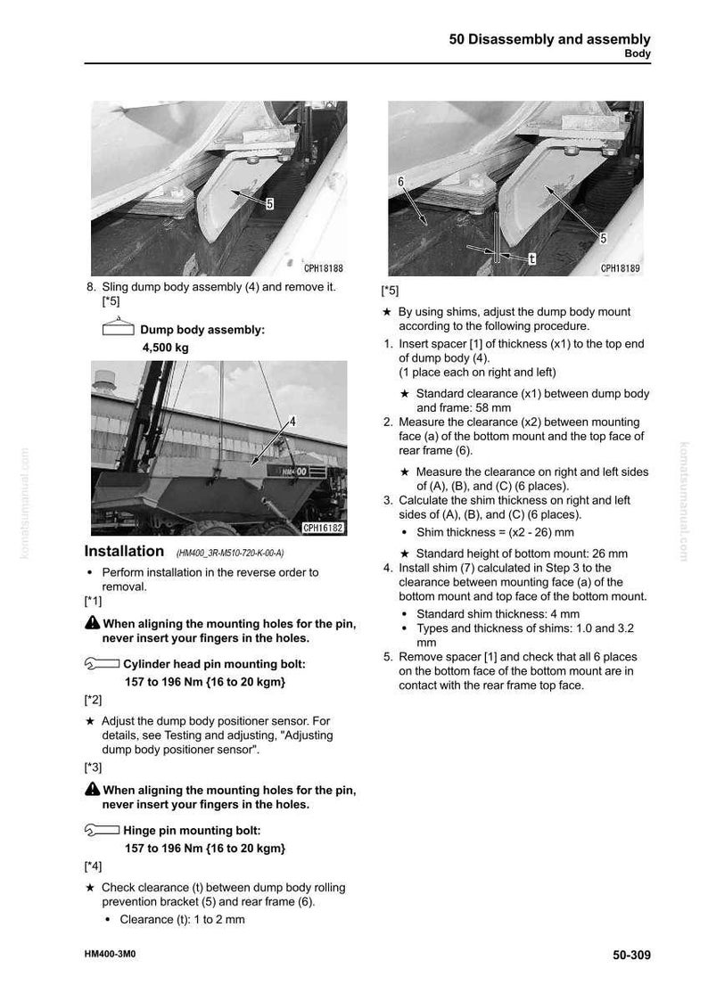 Puede incluir: Diagrama t&eacute;cnico con instrucciones para desmontar y montar una caja volquete. Incluye diagramas, medidas en mm y especificaciones de par para pernos. El texto incluye advertencias sobre la colocaci&oacute;n de los dedos.