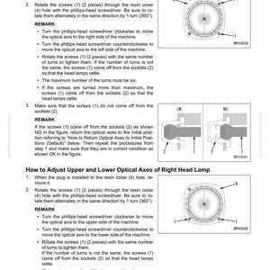 May include: A page from a manual detailing how to adjust the optical axes of a head lamp. Diagrams show screw locations and adjustment directions. Text includes instructions for left and right, and upper and lower adjustments.