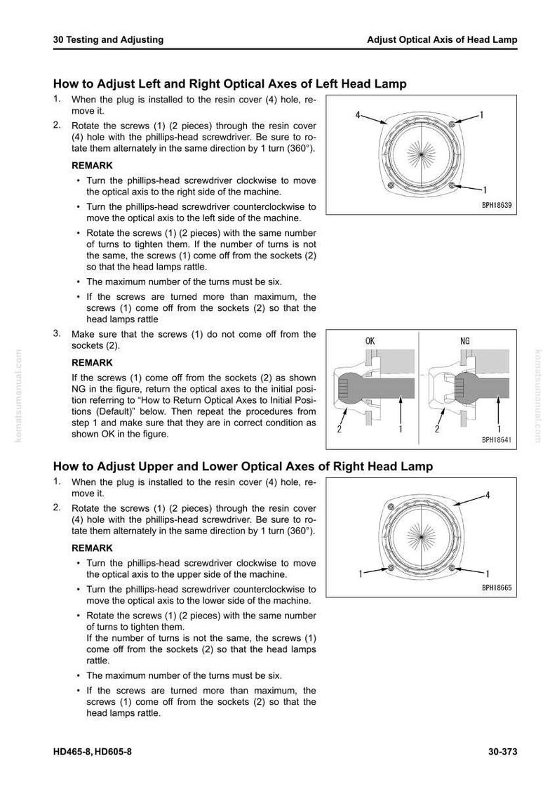 May include: A page from a manual detailing how to adjust the optical axes of a head lamp. Diagrams show screw locations and adjustment directions. Text includes instructions for left and right, and upper and lower adjustments.