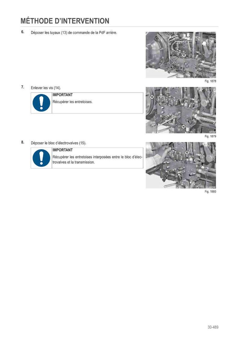 Op de afbeelding: Een pagina uit een handleiding getiteld "M&Eacute;THODE D'INTERVENTION" met diagrammen en instructies. De stappen omvatten het verwijderen van pijpen, schroeven en een elektroventielblok. De diagrammen tonen mechanische componenten met labels en figuren.
