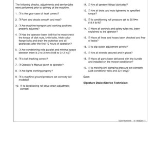 May include: A white document titled "Predelivery Inspection" with a list of checks and adjustments for a machine. The document includes numbered questions about various aspects of the machine's condition and functionality.