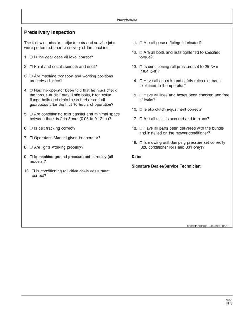 May include: A white document titled "Predelivery Inspection" with a list of checks and adjustments for a machine. The document includes numbered questions about various aspects of the machine's condition and functionality.