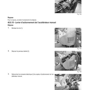 K&ouml;nnte beinhalten: Schwarz-wei&szlig; technische Handbuchseite mit Diagrammen und Anweisungen. Der Text enth&auml;lt Schritte zum Entfernen und Zerlegen von Teilen, wie z. B. der Sitzbedienung und des Gashebels.