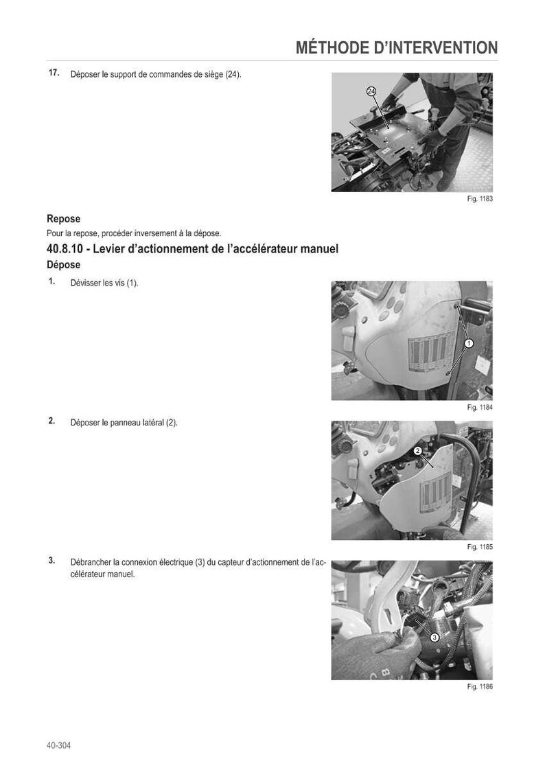 K&ouml;nnte beinhalten: Schwarz-wei&szlig; technische Handbuchseite mit Diagrammen und Anweisungen. Der Text enth&auml;lt Schritte zum Entfernen und Zerlegen von Teilen, wie z. B. der Sitzbedienung und des Gashebels.