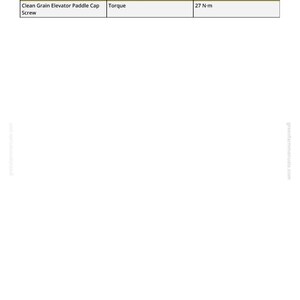 May include: A white page with a table titled "Specifications". The table lists "Clean Grain Elevator Paddle Cap Screw" as an item, "Torque" as the measurement, and "27 N&middot;m" as the specification.