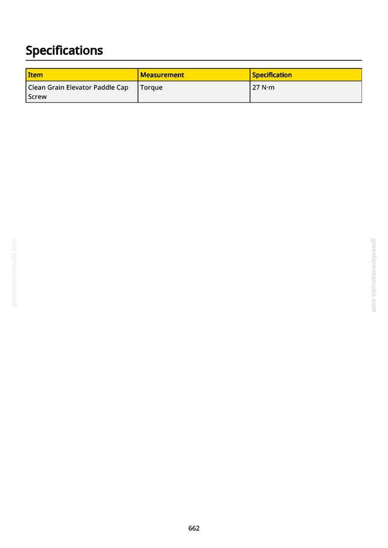 May include: A white page with a table titled "Specifications". The table lists "Clean Grain Elevator Paddle Cap Screw" as an item, "Torque" as the measurement, and "27 N&middot;m" as the specification.