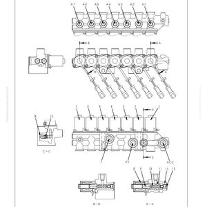 May include: Detailed technical diagram of a work equipment system, featuring sectional and general views. The diagram includes labeled components, such as valves and connectors, with annotations and cross-sections for clarity. The diagram is in black and white.