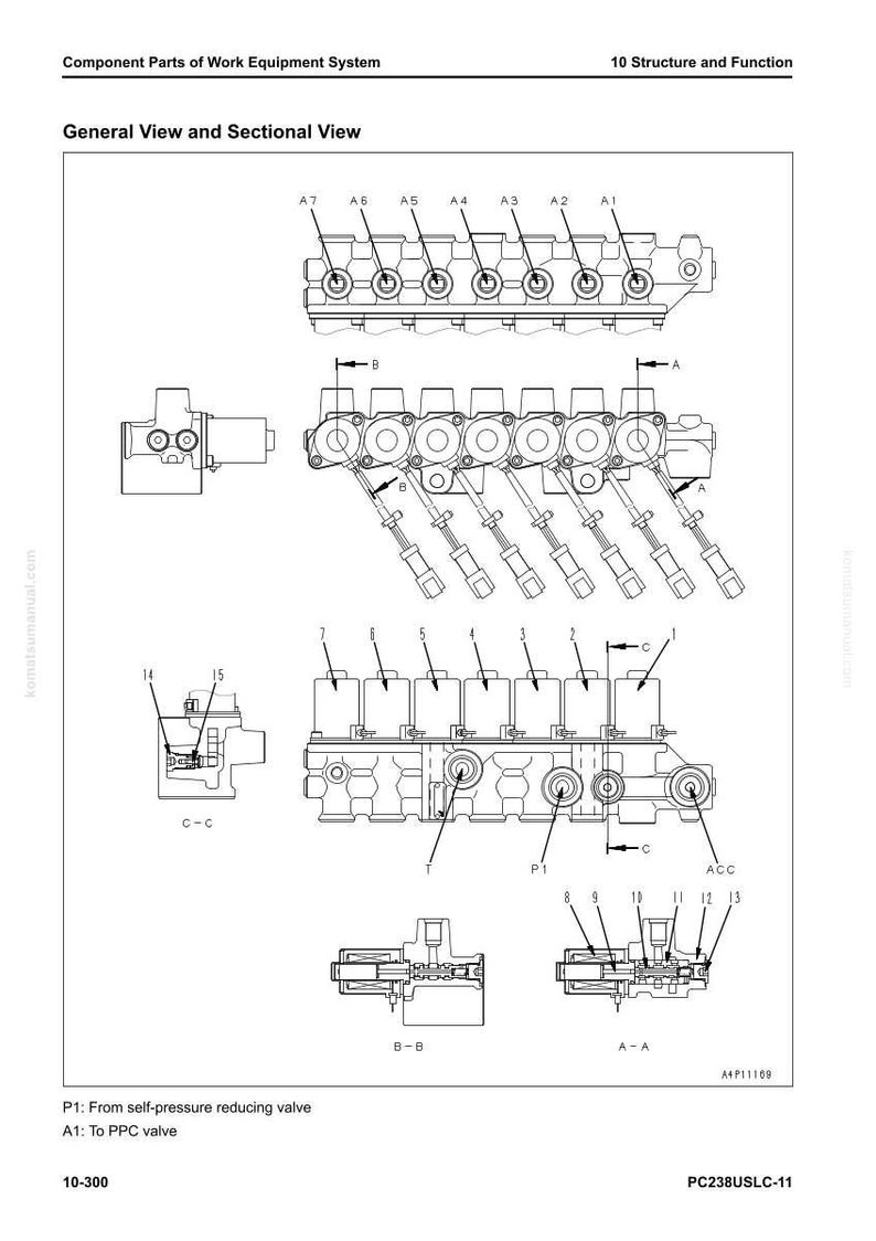 May include: Detailed technical diagram of a work equipment system, featuring sectional and general views. The diagram includes labeled components, such as valves and connectors, with annotations and cross-sections for clarity. The diagram is in black and white.