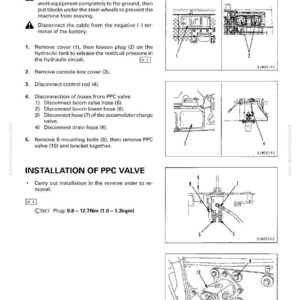 K&ouml;nnte beinhalten: Diagramm mit Anweisungen zum Aus- und Einbau eines PPC-Ventils. Der Text beschreibt Schritte wie das Trennen von Schl&auml;uchen und das Entfernen von Schrauben. Das Bild enth&auml;lt Diagramme mit nummerierten Teilen als Referenz.