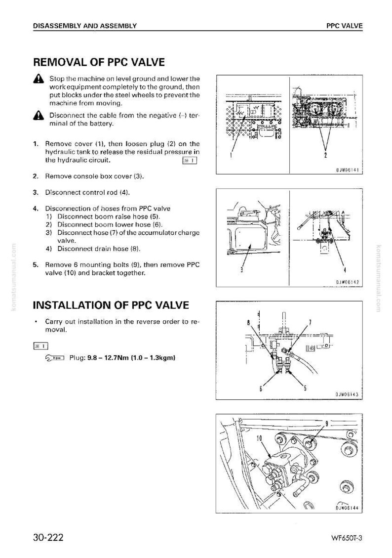 K&ouml;nnte beinhalten: Diagramm mit Anweisungen zum Aus- und Einbau eines PPC-Ventils. Der Text beschreibt Schritte wie das Trennen von Schl&auml;uchen und das Entfernen von Schrauben. Das Bild enth&auml;lt Diagramme mit nummerierten Teilen als Referenz.